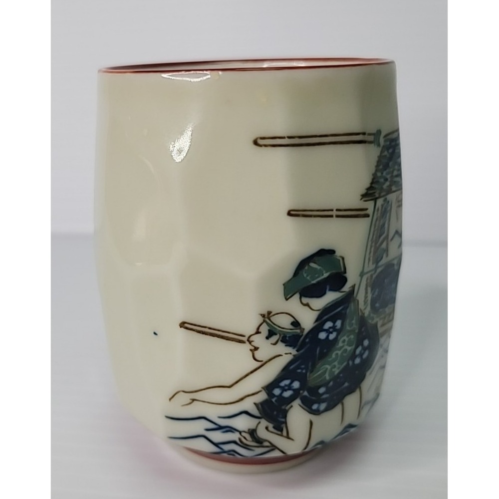 Japanese Mid Century Stoneware Yunomi Sushi Tea Cup 3 3/4" Rowing Emperor RARE - Picture 5 of 7